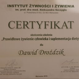 Certyfikat pozyskany w największym i najlepszym obecnie instytucie żywienia w Polsce.