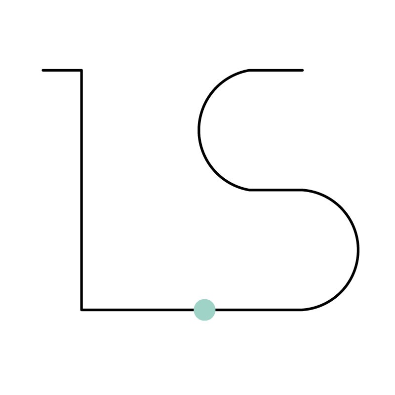 Abstrakcyjna grafika liniowa przedstawiająca stylizowane litery 'L' i 'S' połączone poziomą linią z turkusową kropką na przecięciu, na białym tle.