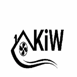 Czarno-białe logo firmy z symbolem domu z wentylatorem i napisem KIW.