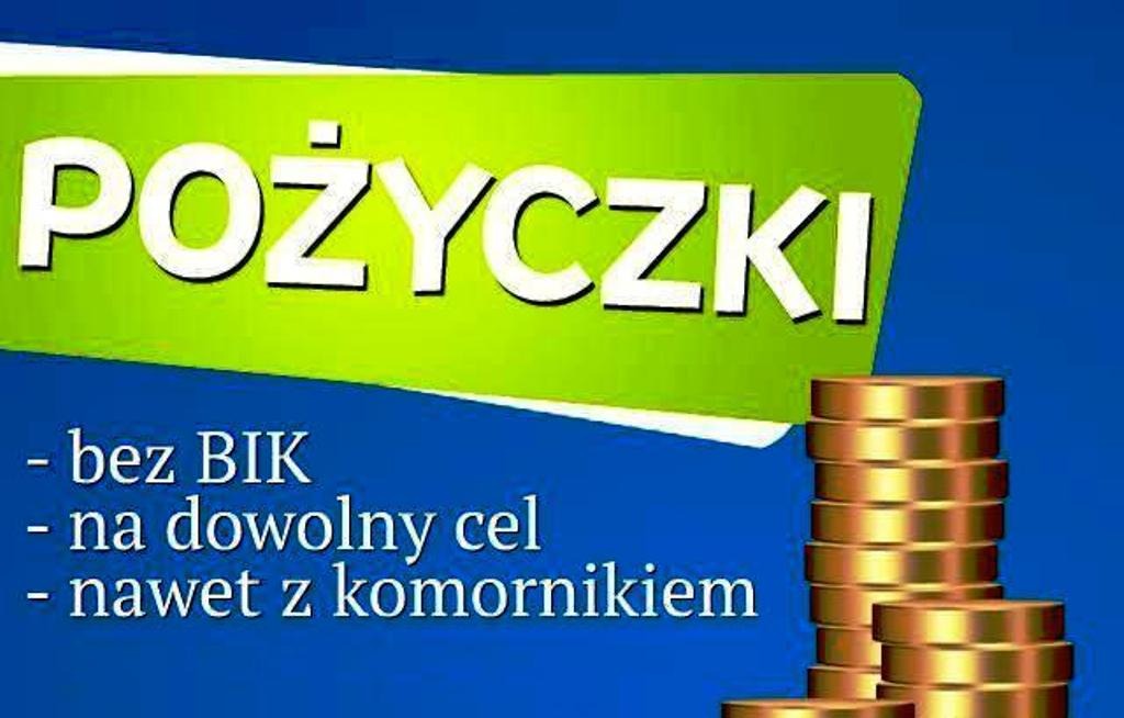 Grafika reklamowa: napis 'POŻYCZKI' na zielonym tle, pod spodem lista warunków: 'bez BIK', 'na dowolny cel', 'nawet z komornikiem', obok stosy złotych monet.