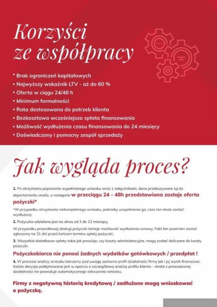 Infografika w odcieniach czerwieni prezentująca korzyści ze współpracy, w tym brak ograniczeń kapitałowych i szybką ofertę, oraz opisująca proces ubiegania się o pożyczkę dla firm z uwzględnieniem...