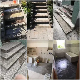 Kompozycja sześciu zdjęć przedstawiających etapy układania kostki brukowej na schodach zewnętrznych oraz prace glazurnicze w łazience, w tym montaż płytek ściennych i podłogowych, z widocznymi...