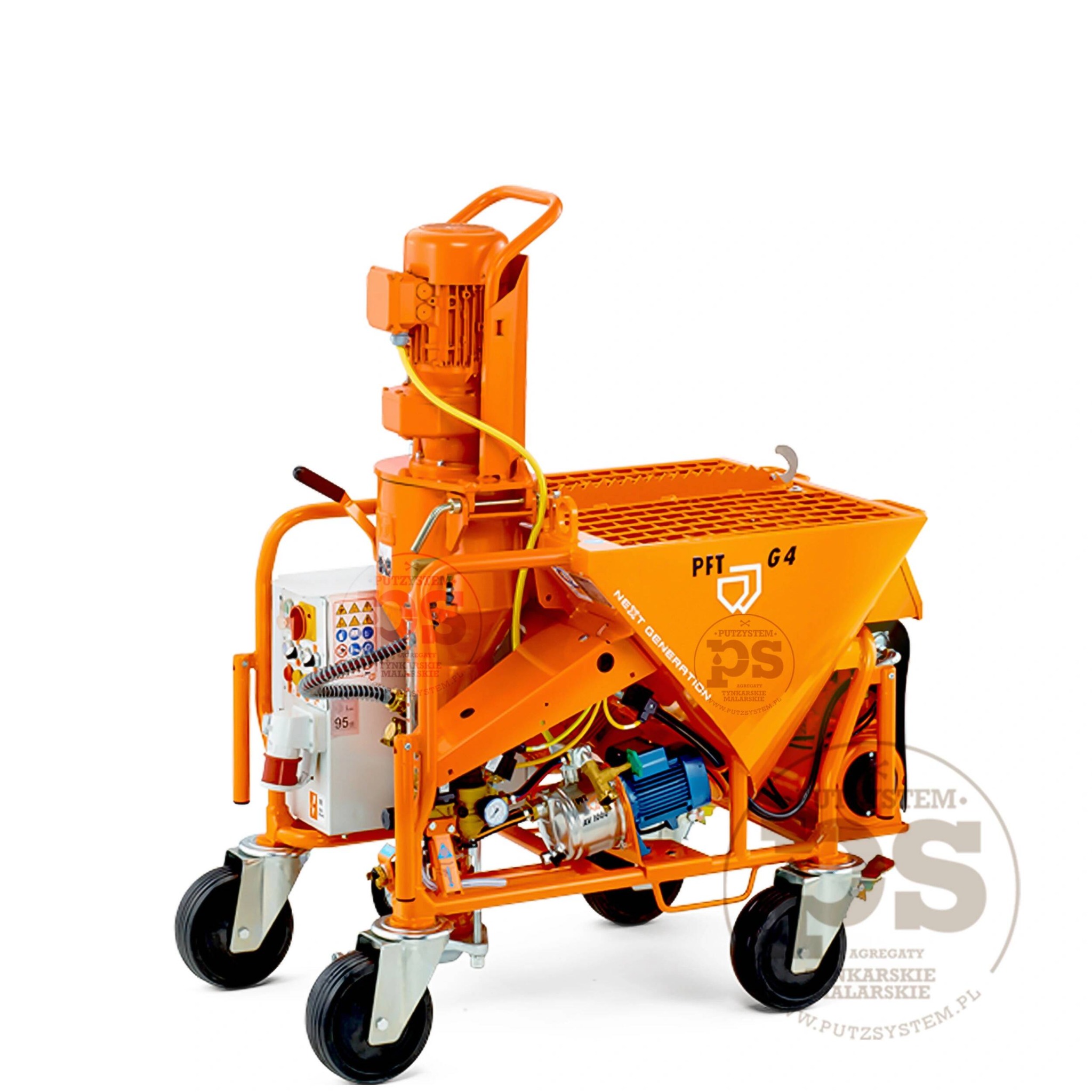 Pomarańczowa maszyna do tynkowania PFT G4 na białym tle, widoczne detale konstrukcyjne i elementy sterujące.