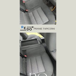 REDO Pranie tapicerki - Porównanie stanu tylnej kanapy samochodowej przed i po czyszczeniu, widoczne różnice w odcieniu i usunięte zabrudzenia.