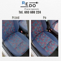 REDO Pranie tapicerki - Porównanie fotela samochodowego przed i po czyszczeniu, widoczne różnice w intensywności koloru i usunięciu zabrudzeń.