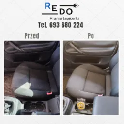 Porównanie: Fotel samochodowy z widocznymi zabrudzeniami 'Przed' i czysty 'Po', z logo firmy 'REDO' i numerem telefonu na górze.