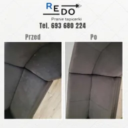 Porównanie stanu sofy przed i po czyszczeniu, widoczne zabrudzenia i wyraźna poprawa wyglądu tapicerki.