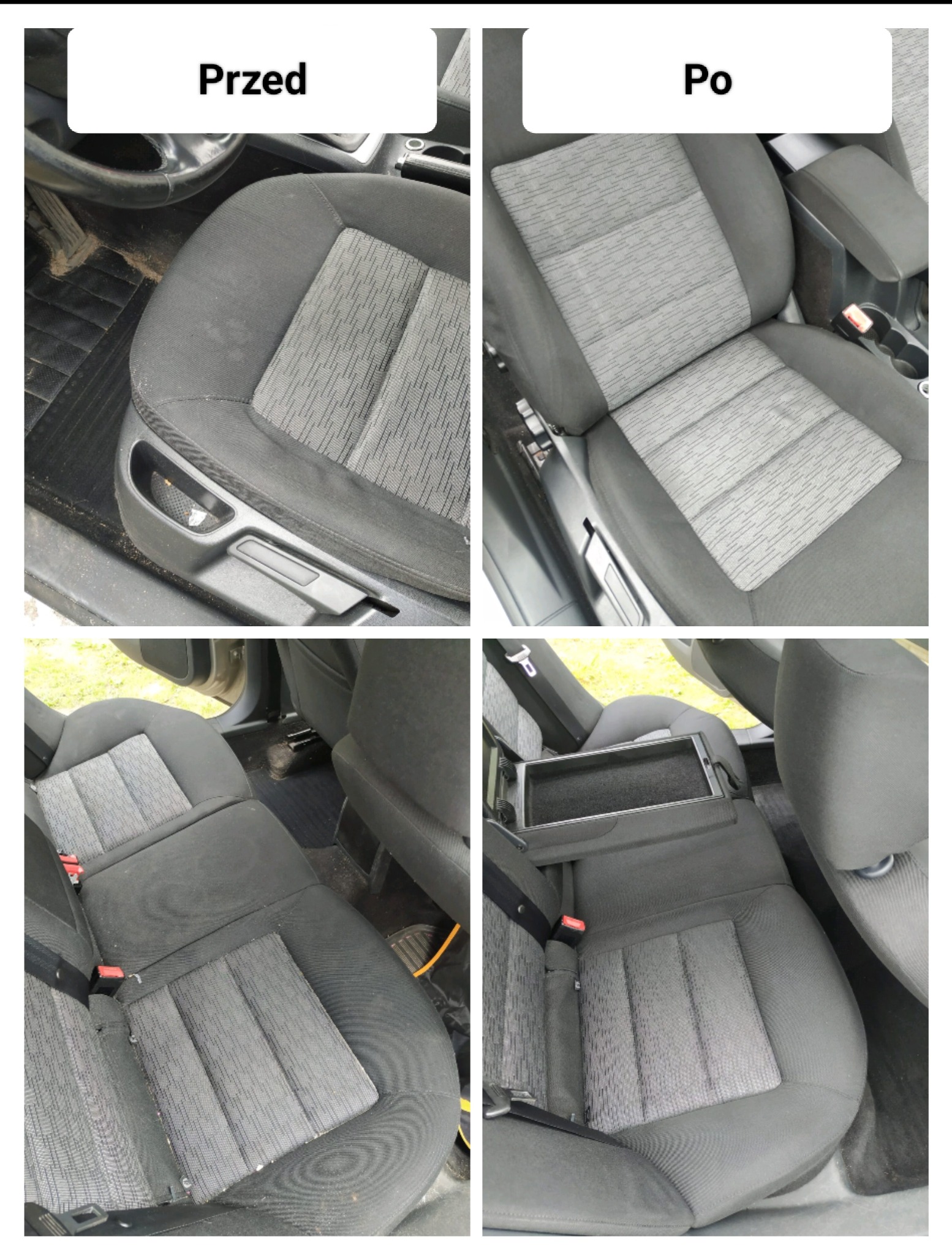 Cztery ujęcia tapicerki samochodowej przed i po czyszczeniu, widoczne różnice w czystości i odświeżeniu materiału.