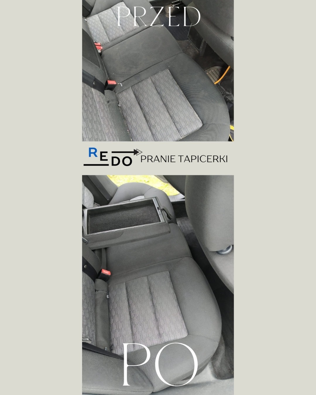 Porównanie stanu tylnej kanapy samochodowej przed i po czyszczeniu, widoczne różnice w odcieniu i usunięte zabrudzenia.