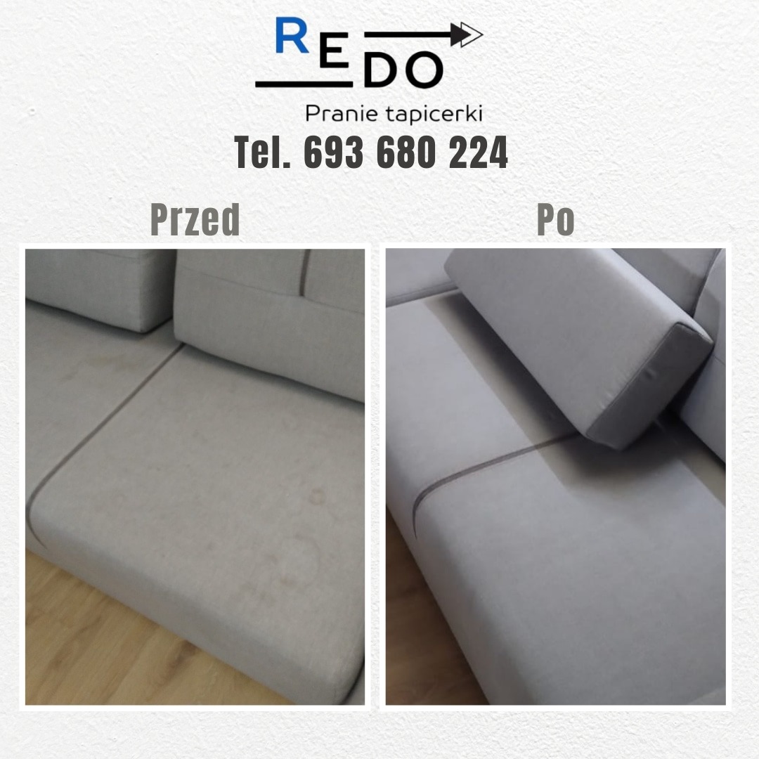 Porównanie stanu sofy przed i po czyszczeniu: widoczne plamy usunięte, tapicerka odświeżona, jasnoszara tkanina z delikatnym szwem, drewniana podłoga w tle.