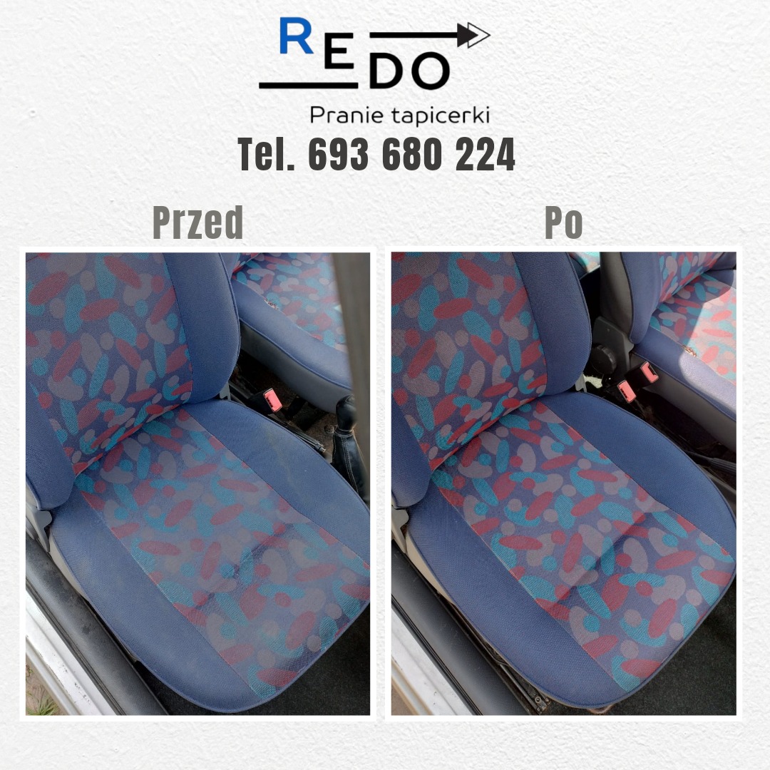 Porównanie fotela samochodowego przed i po czyszczeniu, widoczne różnice w intensywności koloru i usunięciu zabrudzeń.