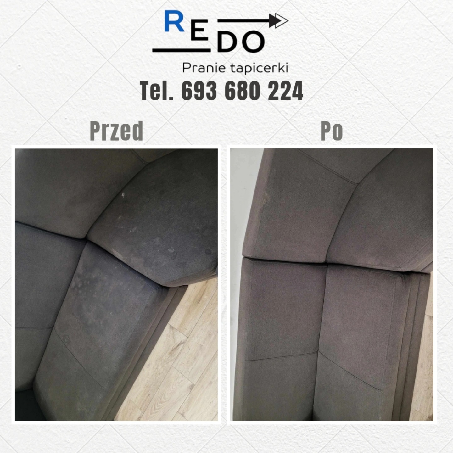 Porównanie stanu sofy przed i po czyszczeniu, widoczne zabrudzenia i wyraźna poprawa wyglądu tapicerki.