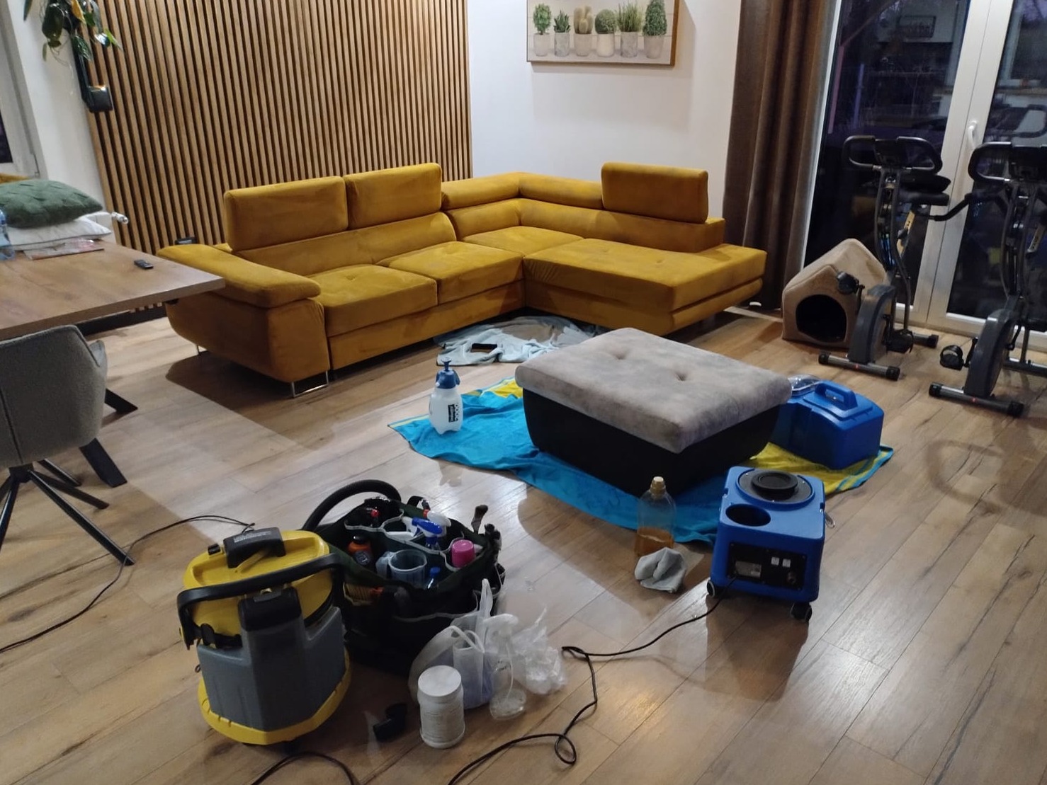 Żółty narożnik w salonie, obok rozłożony sprzęt do czyszczenia tapicerki: odkurzacz piorący, środki czyszczące, akcesoria na niebieskiej płachcie.