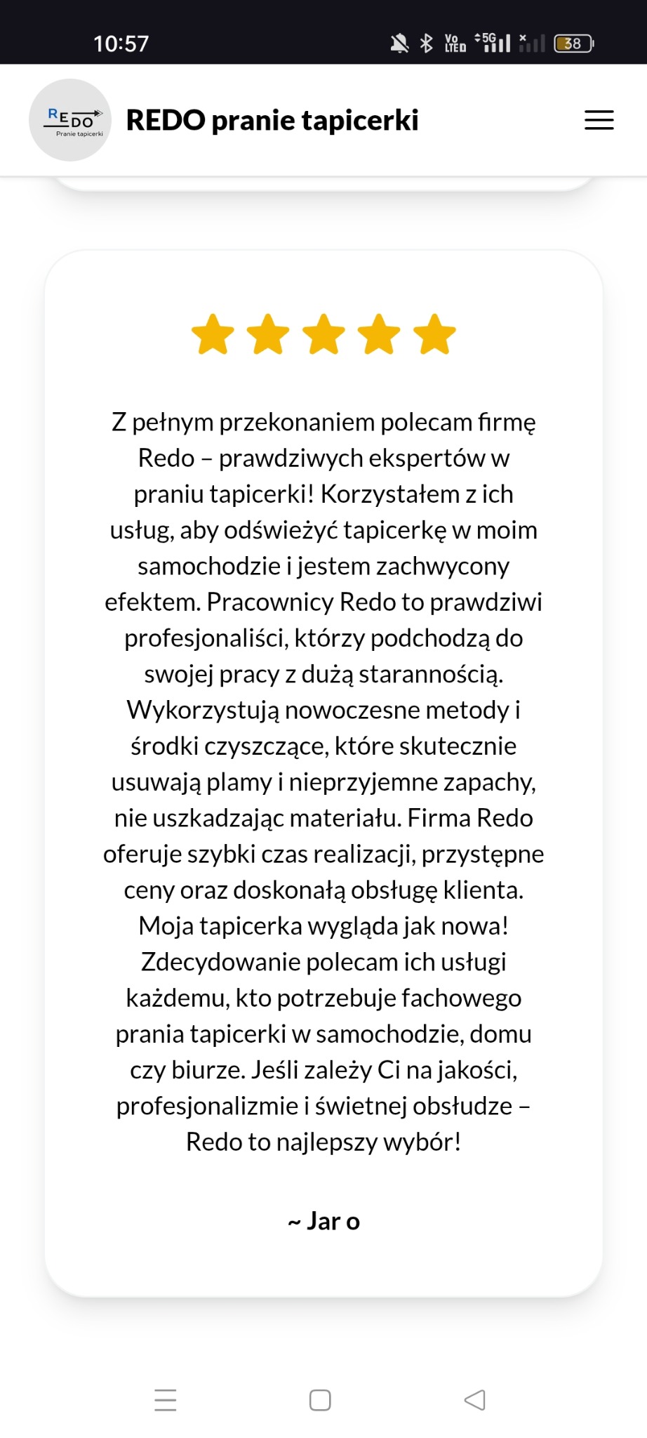Opinia klienta firmy Redo pranie tapicerki, pięć gwiazdek, tekst rekomendacji usługi prania tapicerki samochodowej.