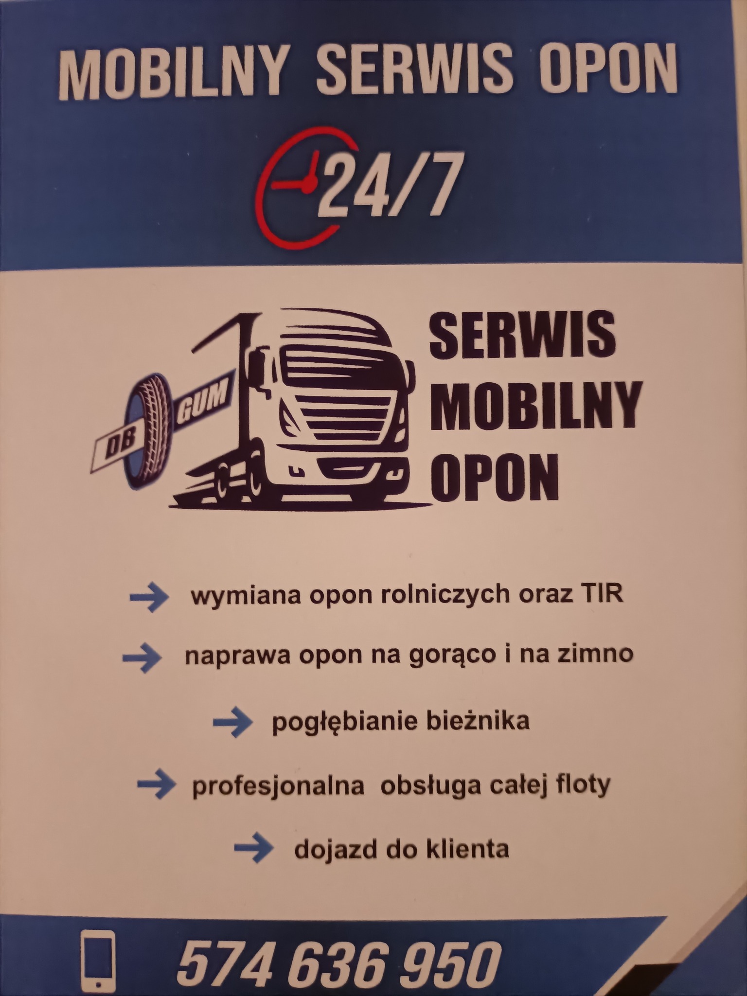 Reklama mobilnego serwisu opon 24/7 z grafiką ciężarówki i opony oraz informacją o wymianie i naprawie opon rolniczych i TIR.
