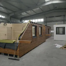 Wnętrze hali produkcyjnej z elementami drewnianej konstrukcji domu w trakcie montażu, widoczne fragmenty ścian z oknami i izolacją, oraz pojedynczy moduł. Na podłodze leży miotła.