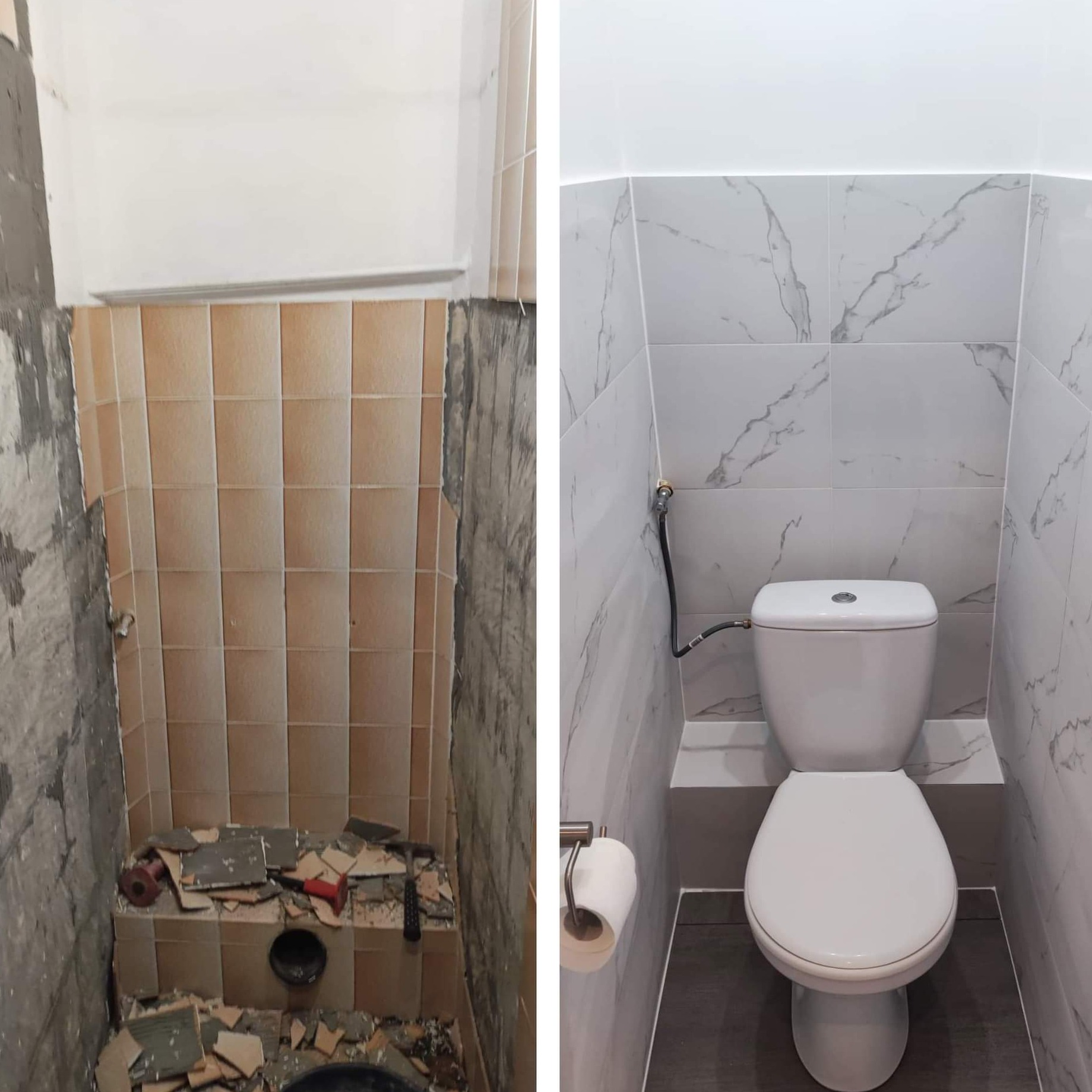 Zdjęcie typu 'przed i po' prezentujące toaletę: po lewej stronie widoczne stare, zdemontowane płytki i gruz, po prawej nowa toaleta z marmurkowymi płytkami i szarą podłogą.