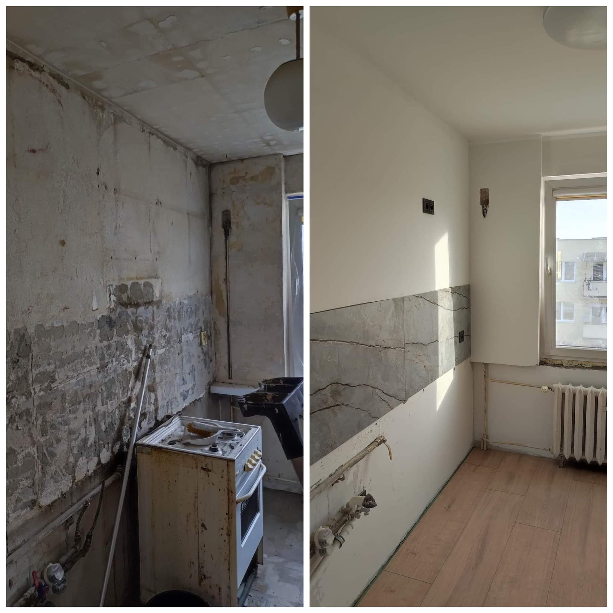 Porównanie stanu kuchni przed i po: surowe ściany z resztkami farby i tynku kontra świeżo pomalowane ściany z szarymi płytkami, nowa podłoga z paneli, widoczne rury i grzejnik.