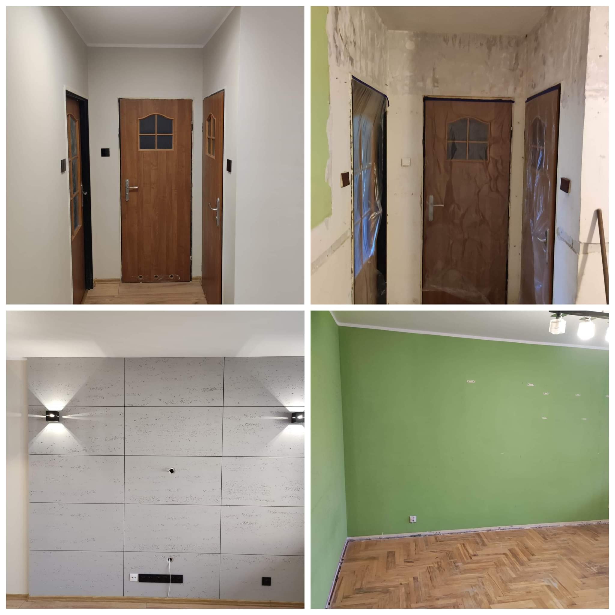 Kolaż czterech zdjęć przedstawiających wnętrze w trakcie prac: korytarz z trzema drewnianymi drzwiami, z których dwie są zabezpieczone folią malarską, ściana z szarych paneli z oświetleniem...