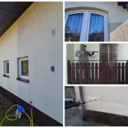 Czyszczenie elewacji domu jednorodzinnego za pomocą myjki ciśnieniowej, widoczne efekty przed i po, z użyciem filtra wody i węża na wózku.