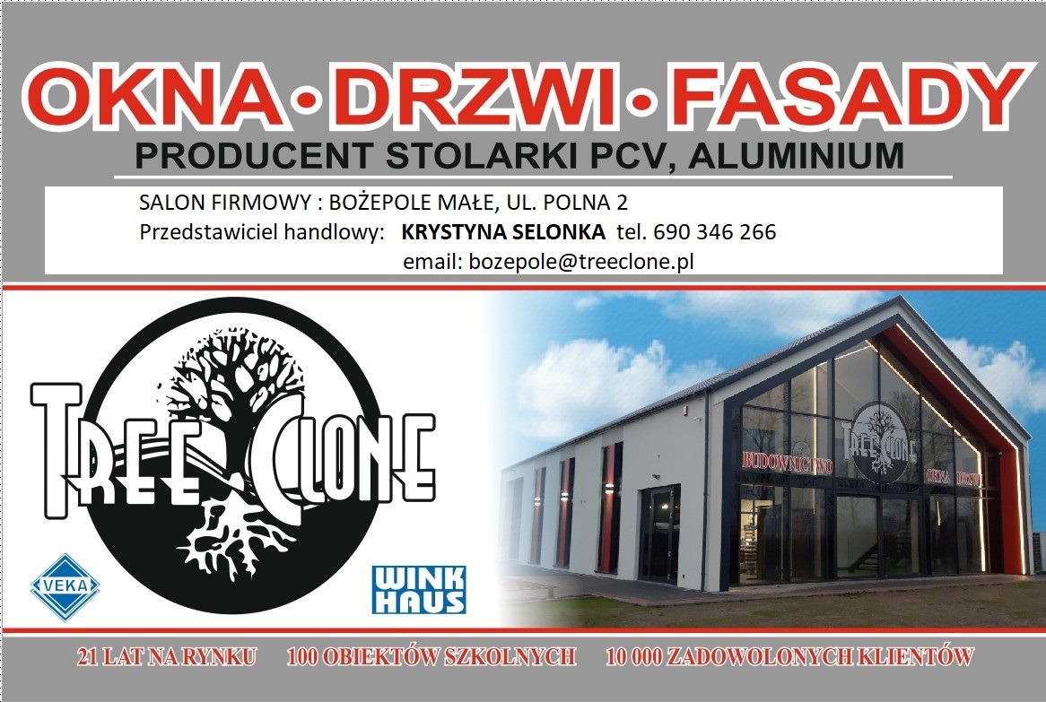 Zdjęcie reklamowe salonu stolarki okiennej i drzwiowej Tree Clone, prezentujące budynek firmy z dużymi przeszkleniami i logo na fasadzie, z informacjami kontaktowymi i hasłami reklamowymi.
