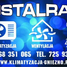 Grafika reklamowa firmy z Gniezna oferującej usługi z zakresu klimatyzacji, wentylacji, elektryki i automatyki, z wyraźnie widocznym adresem strony internetowej.