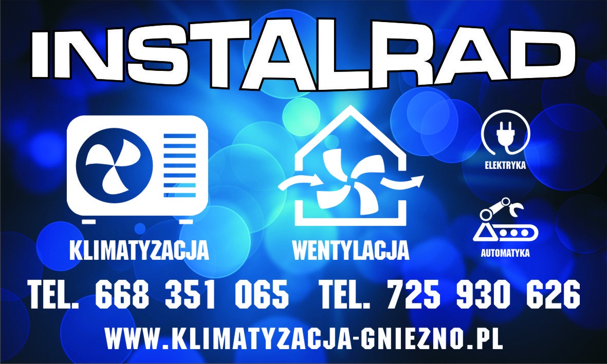 Grafika reklamowa firmy z Gniezna oferującej usługi z zakresu klimatyzacji, wentylacji, elektryki i automatyki, z wyraźnie widocznym adresem strony internetowej.