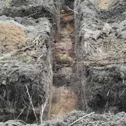 Wąski wykop w ziemi z widocznymi korzeniami i gałązkami na krawędziach, ukazujący warstwy gleby o różnej barwie.