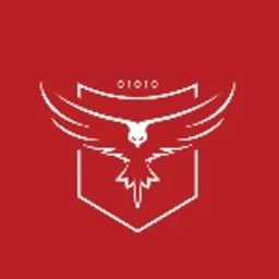 Biały emblemat z wizerunkiem sokoła rozpościerającego skrzydła, umieszczony na czerwonym tle w kształcie tarczy z obramowaniem. Nad tarczą cyfry 01010.
