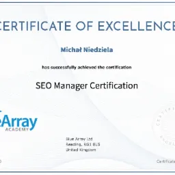 Certyfikat SEO Manager Certification dla Michała Niedzieli, wydany przez Blue Array Academy, datowany na 30 maja 2020.