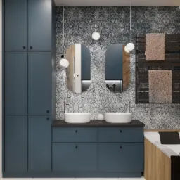 Nowoczesna łazienka z dwoma umywalkami nablatowymi, szafką w kolorze granatowym, wzorzystą tapetą i drewnianymi panelami, oświetleniem punktowym i grzejnikiem drabinkowym z ręcznikami.