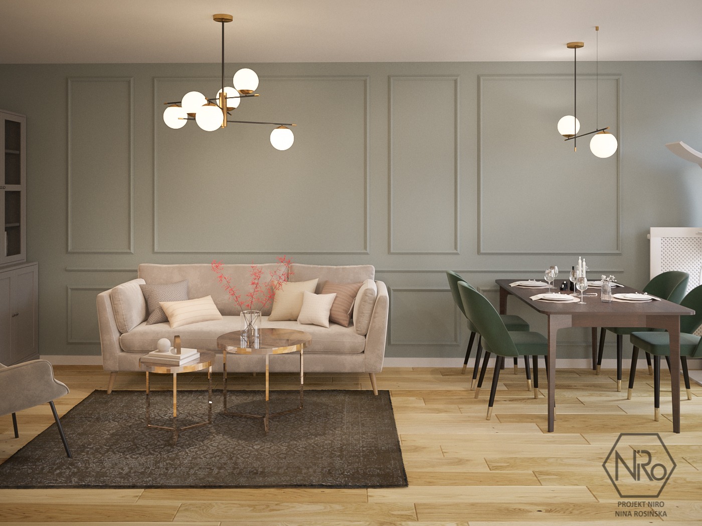 Jasny salon z beżową sofą, stolikami kawowymi ze złotymi nogami, ciemnym dywanem, stołem jadalnym z zielonymi krzesłami i nowoczesnymi lampami sufitowymi.