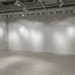 Puste pomieszczenie z białymi ścianami, jedna ściana z wzorem ubrań i akcesoriów, oświetlenie szynowe z reflektorami, płytki podłogowe w odcieniach szarości.