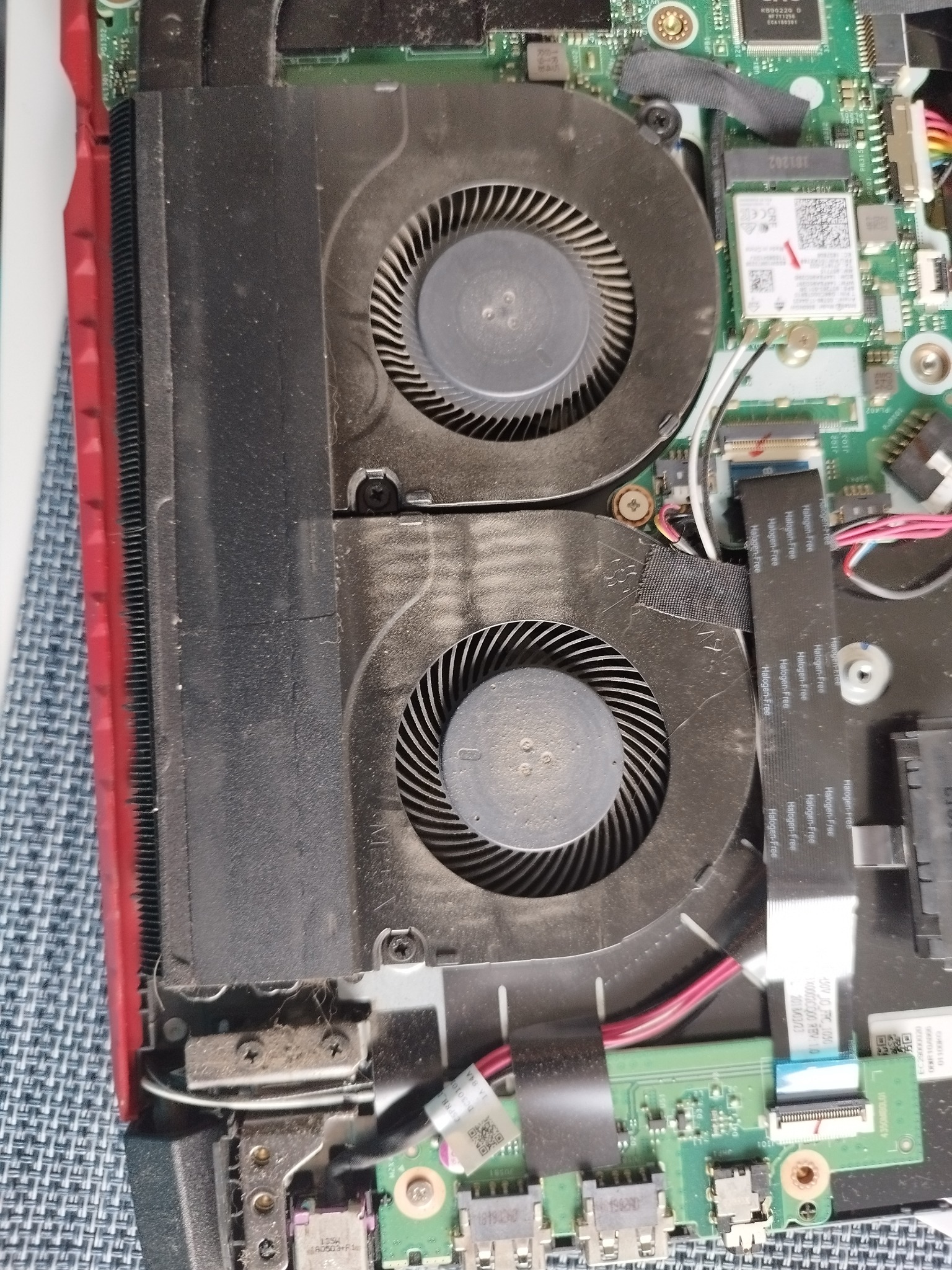 Wnętrze laptopa z widocznymi dwoma zakurzonymi wentylatorami chłodzącymi, elementami płyty głównej i przewodami.