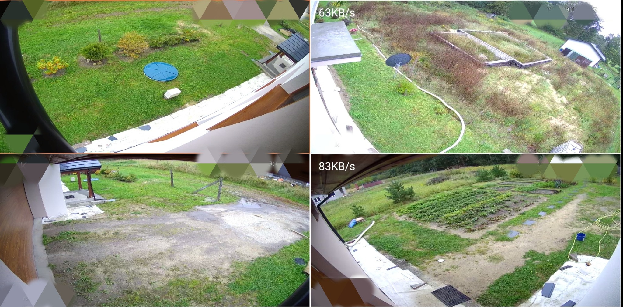Obraz z kamer systemu bezpieczeństwa, pokazujący cztery różne ujęcia terenu wokół domu: trawnik z okrągłym basenem, ogród z warzywami, podwórko z podjazdem oraz teren z anteną satelitarną.