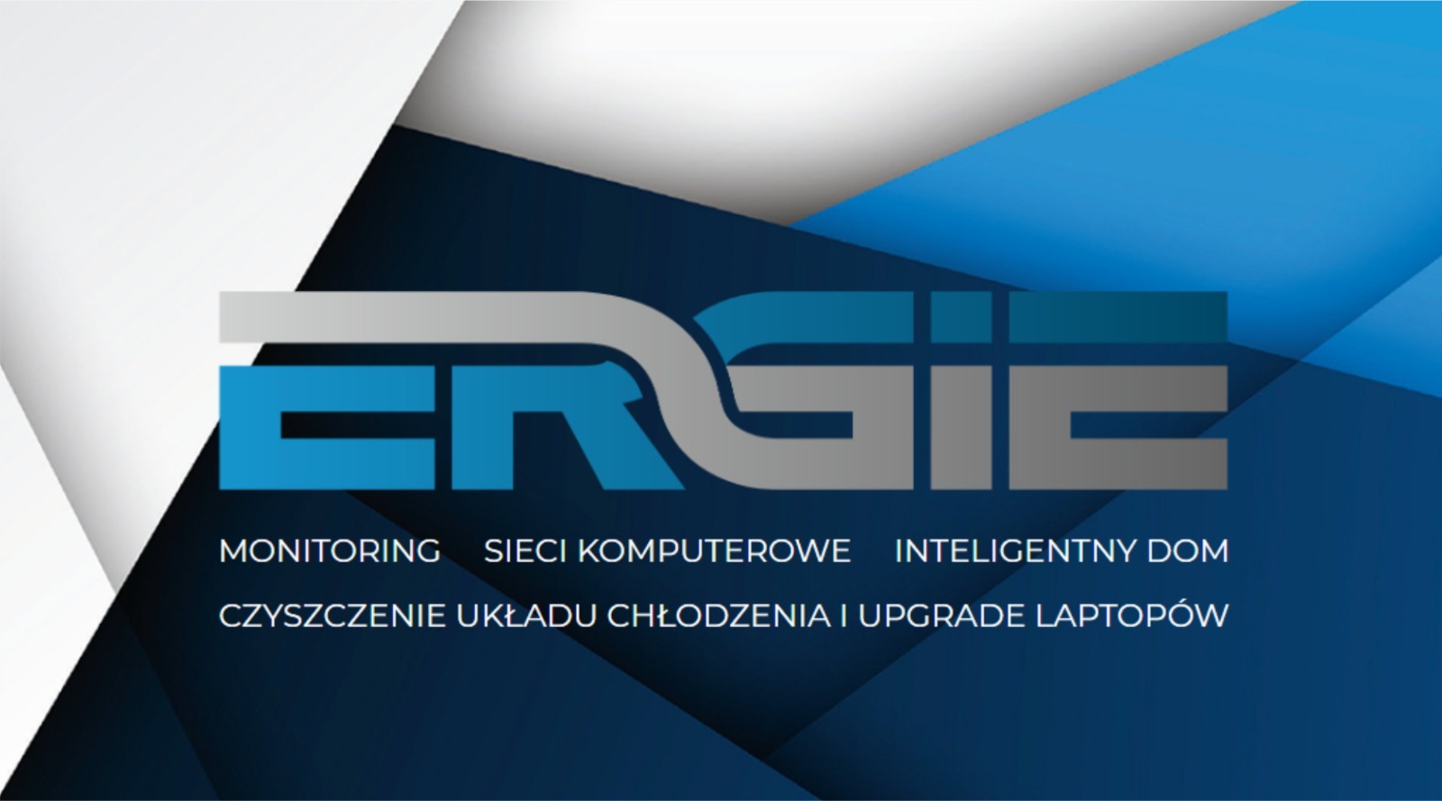 Logo firmy z zakresu sieci komputerowych, inteligentnego domu, czyszczenia układów chłodzenia i upgrade laptopów, w kolorystyce biało-szaro-niebieskiej.