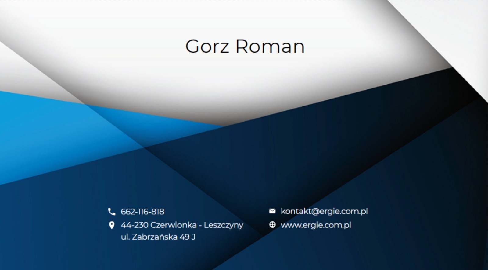 Wizytówka firmy Gorz Roman z danymi kontaktowymi, adres email kontakt@ergie.com.pl i strona www.ergie.com.pl, na tle z geometrycznymi kształtami w kolorach białym i niebieskim.