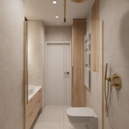 Sroka Design Projektowanie Wnętrz Klaudia Sroka - Beżowa łazienka z kabiną prysznicową typu walk-in, złotą armaturą i drewnianymi akcentami. Minimalistyczny design, ciepłe oświetlenie.