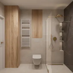 Elegancka łazienka z kabiną prysznicową typu walk-in, podwieszaną toaletą, grzejnikiem drabinkowym i szafkami z drewnianymi frontami. Złote akcenty dodają luksusu.