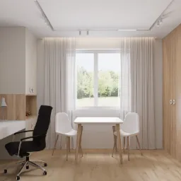 Jasne wnętrze pokoju z biurkiem, krzesłem, stołem i szafą. Minimalistyczny design, naturalne światło wpadające przez okno z widokiem na zieleń. Drewniana podłoga.
