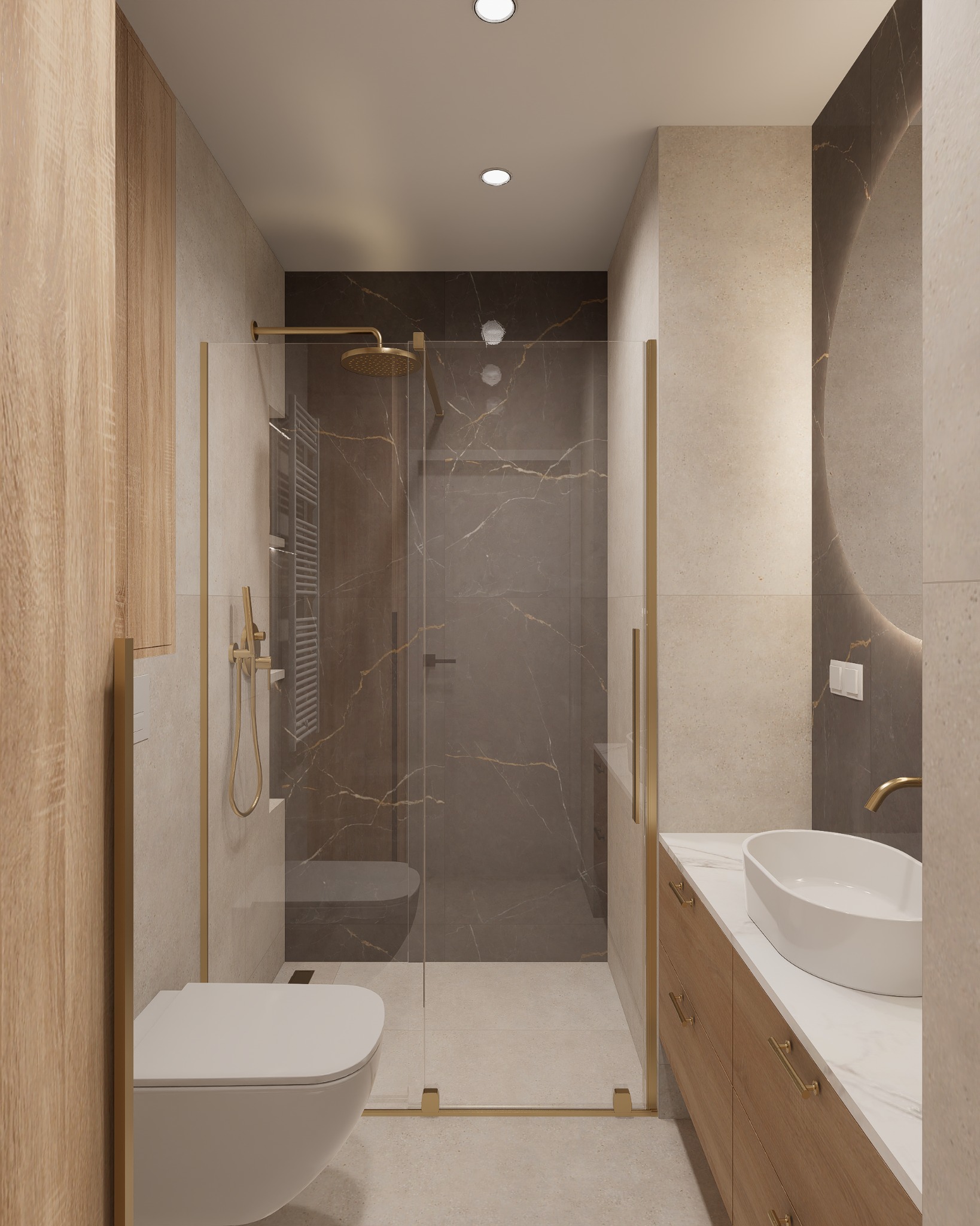Nowoczesna łazienka z kabiną prysznicową typu walk-in, marmurowymi płytkami i drewnianymi szafkami. Złote akcenty armatury i ramy kabiny podkreślają elegancję.