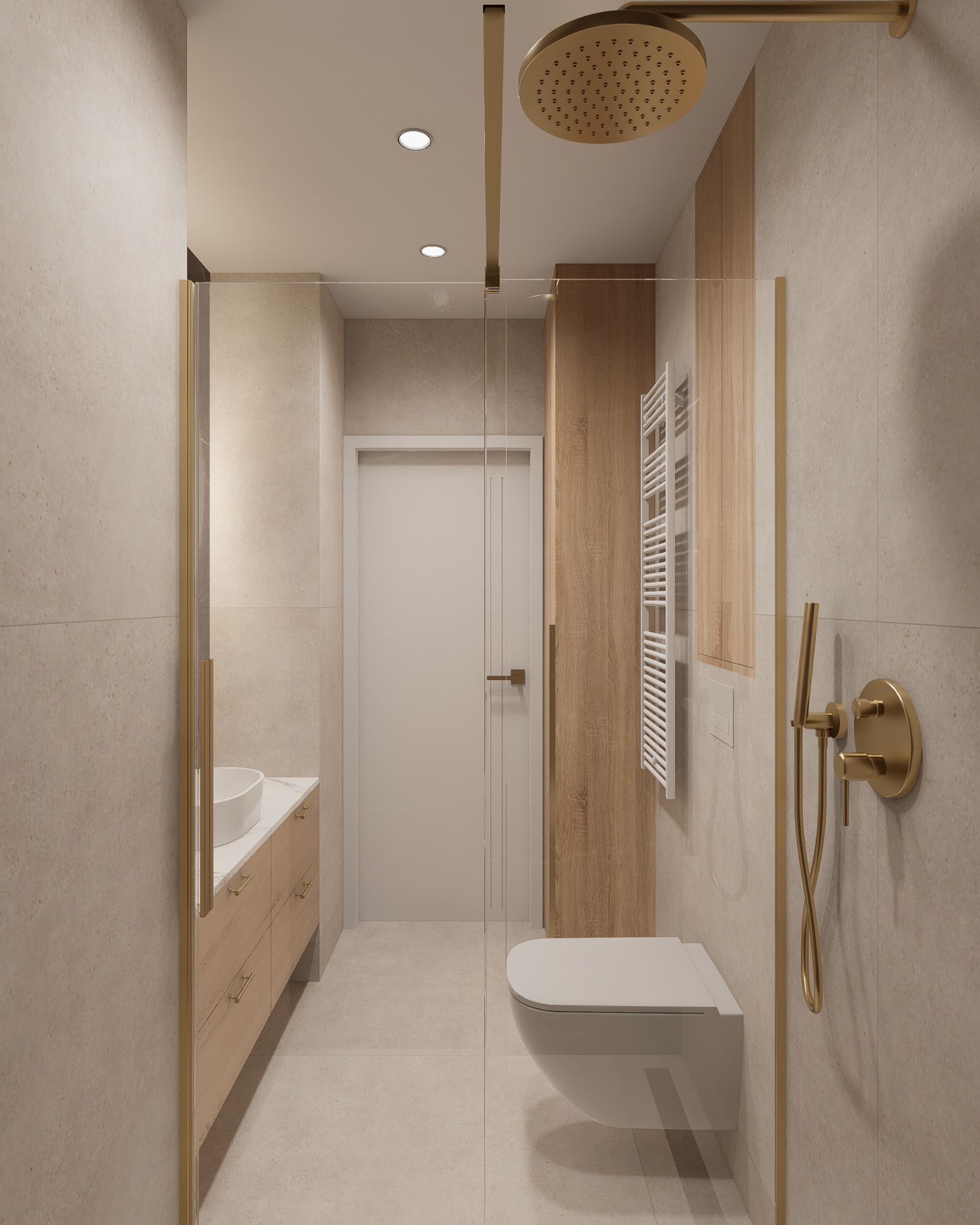 Beżowa łazienka z kabiną prysznicową typu walk-in, złotą armaturą i drewnianymi akcentami. Minimalistyczny design, ciepłe oświetlenie.
