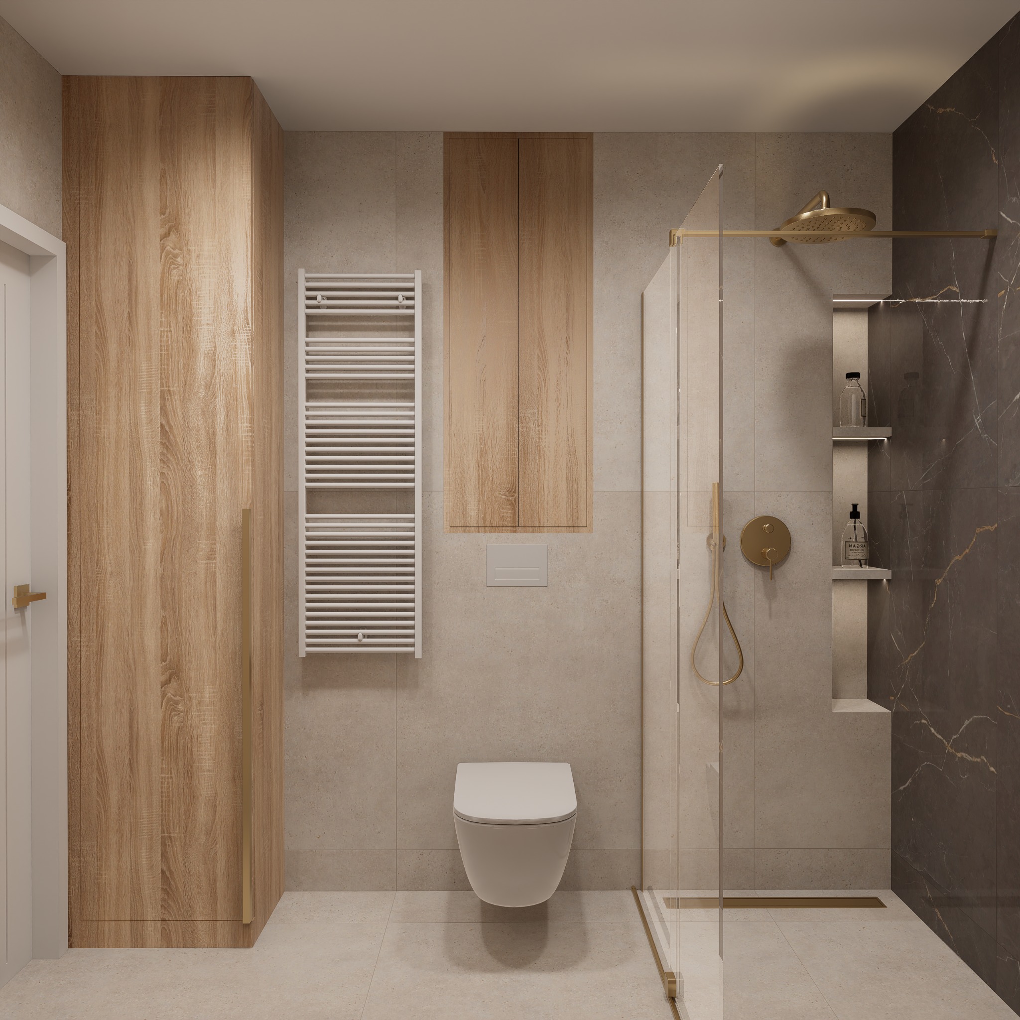 Elegancka łazienka z kabiną prysznicową typu walk-in, podwieszaną toaletą, grzejnikiem drabinkowym i szafkami z drewnianymi frontami. Złote akcenty dodają luksusu.