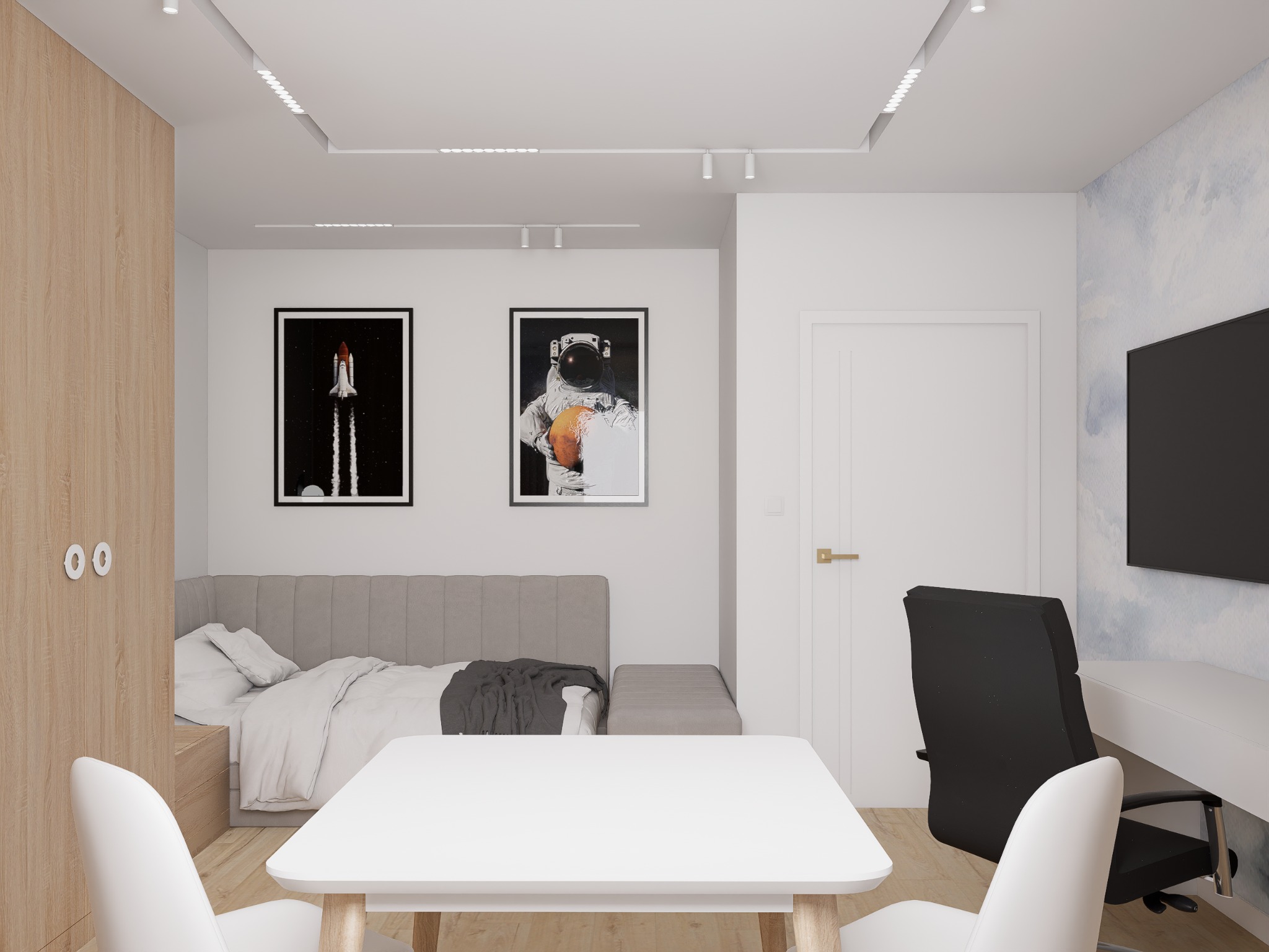 Pokój młodzieżowy z łóżkiem, biurkiem i szafą. Na ścianach plakaty o tematyce kosmicznej. Stonowana kolorystyka, dominuje biel i szarość. Oświetlenie punktowe.