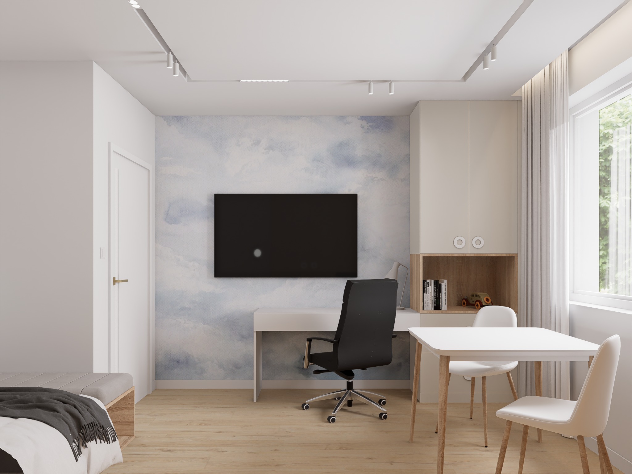 Pokój z biurkiem, krzesłem i telewizorem na ścianie z motywem nieba. Minimalistyczny wystrój, jasne kolory, drewniana podłoga i nowoczesne oświetlenie.