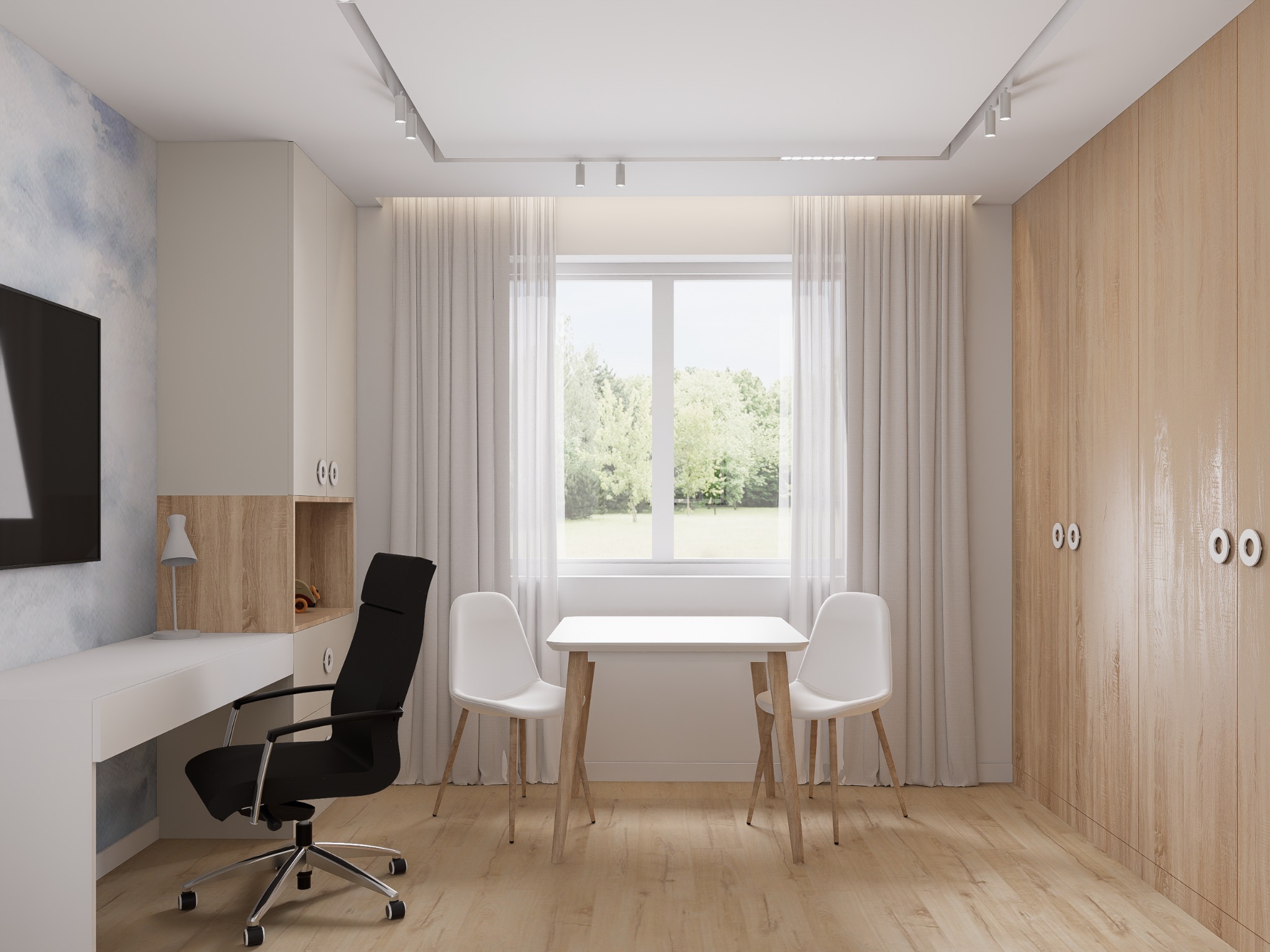 Jasne wnętrze pokoju z biurkiem, krzesłem, stołem i szafą. Minimalistyczny design, naturalne światło wpadające przez okno z widokiem na zieleń. Drewniana podłoga.