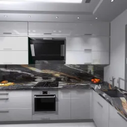 Wizualizacja nowoczesnej kuchni z białymi szafkami, blatem z ciemnego kamienia z unikalnym wzorem, wbudowaną płytą grzewczą i piekarnikiem Bosch oraz widokiem na ogród przez okno z żaluzjami...