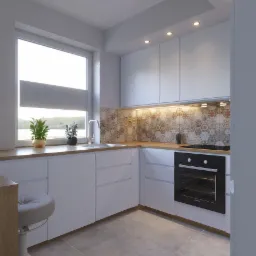 Nowoczesna kuchnia z białymi frontami szafek, drewnianym blatem, heksagonalnymi płytkami nad blatem i czarnym piekarnikiem, oświetlona punktowymi lampami sufitowymi i światłem z okna z roletą.