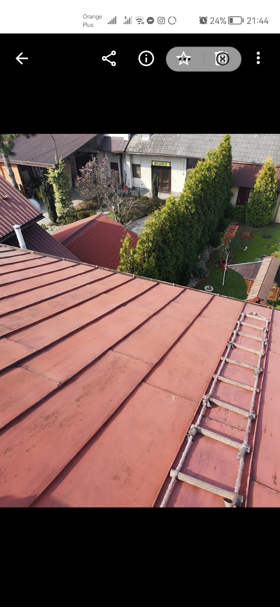 Czerwony blaszany dach z drewnianą drabiną opartą o jego krawędź, w tle budynki i zielony ogród.