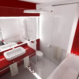 Nowoczesna łazienka w kolorze białym i czerwonym, z wiszącą umywalką na czerwonym blacie, szklaną kabiną prysznicową i dekoracyjną zasłoną z motywem bambusa.